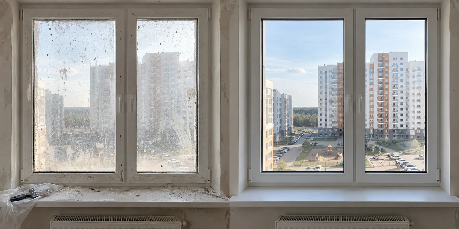 Стекло после отделки — до уборки